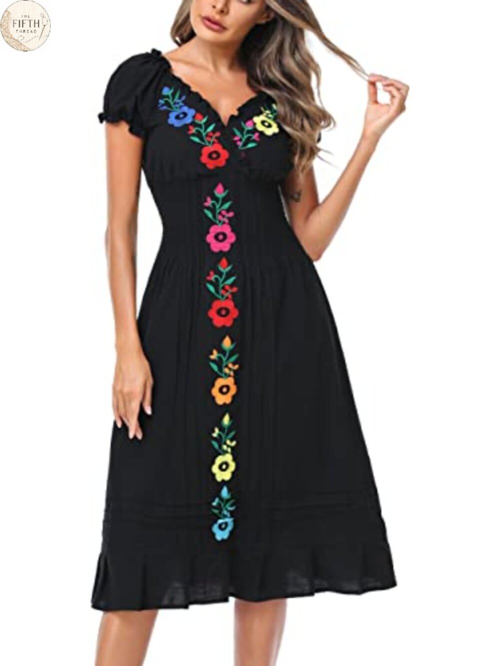 Women V Neck Ruffle Hem Floral Embroidered Midi Dress Short Sleeve